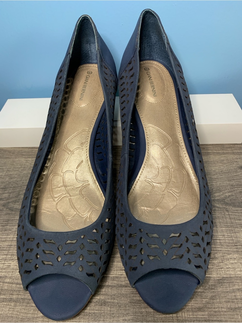 Giani Bernini Navy Perforated Peep-Toe Wedge Flats
